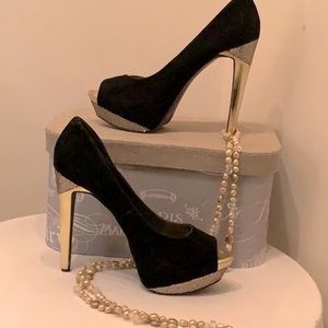 Marco Santi Black Velvet w Gold Trim  & heels platform peep toe.Size 10